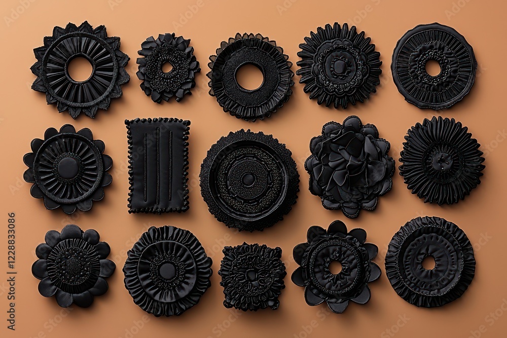 Poster minimalist gradient background featuring black embroidered patches with 3d stitching, including circ