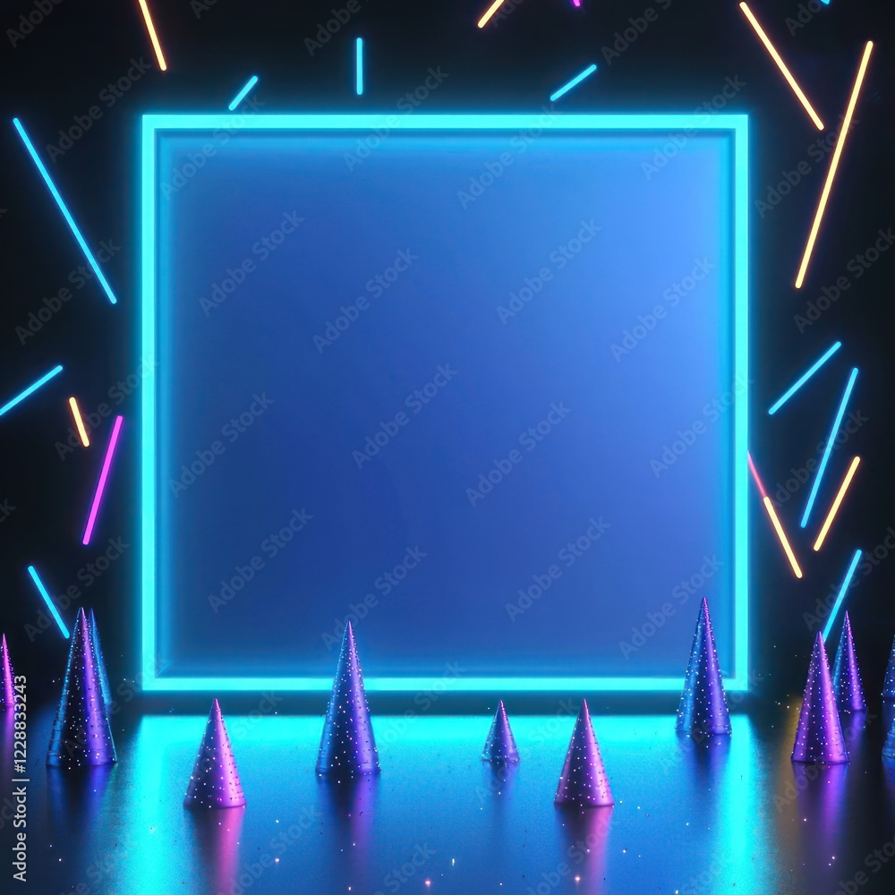 Poster embroidered patch mockup suspended within a triangular frame with neon blue glowing dotted lines in 