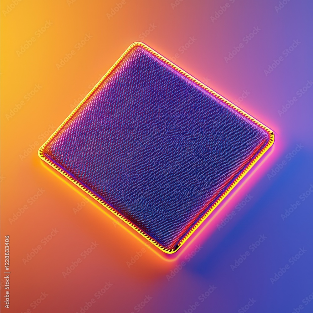 Poster rectangular patch with neon stitching, dynamically set against a contrasting gradient background in 