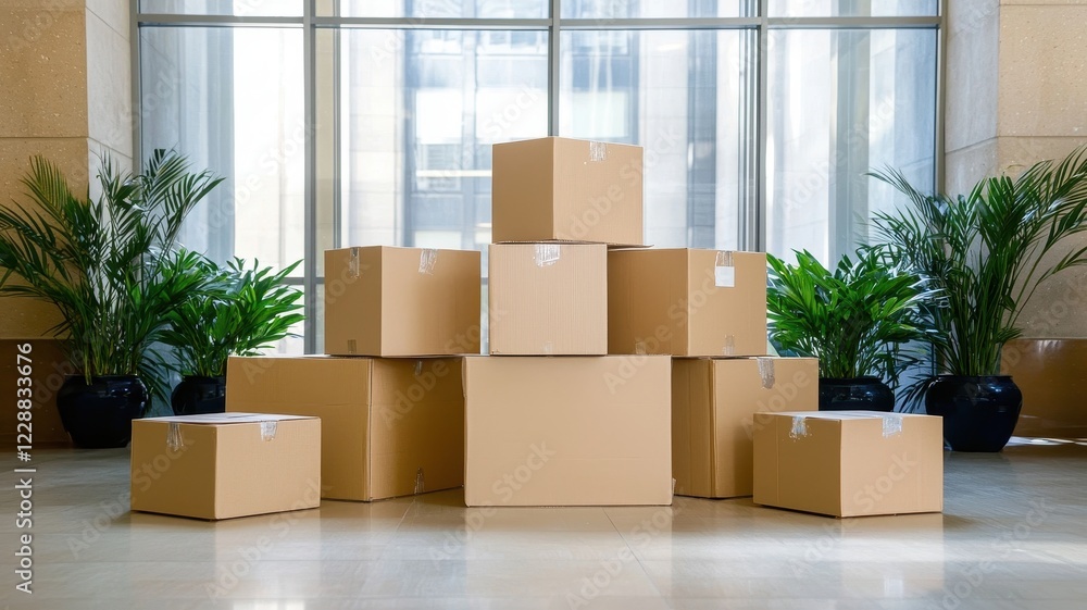 Poster stacked cardboard boxes in a lobby with greenery in the background.