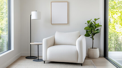 Fototapeta premium cozy corner with oversized armchair, lamp, and plant creates serene atmosphere