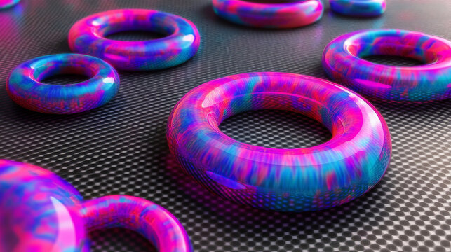 "vibrant pink and blue 3d rendered glossy iridescent torus on carbon fiber background: abstract geometric digital art with neon colored gradient and reflective swirl pattern"