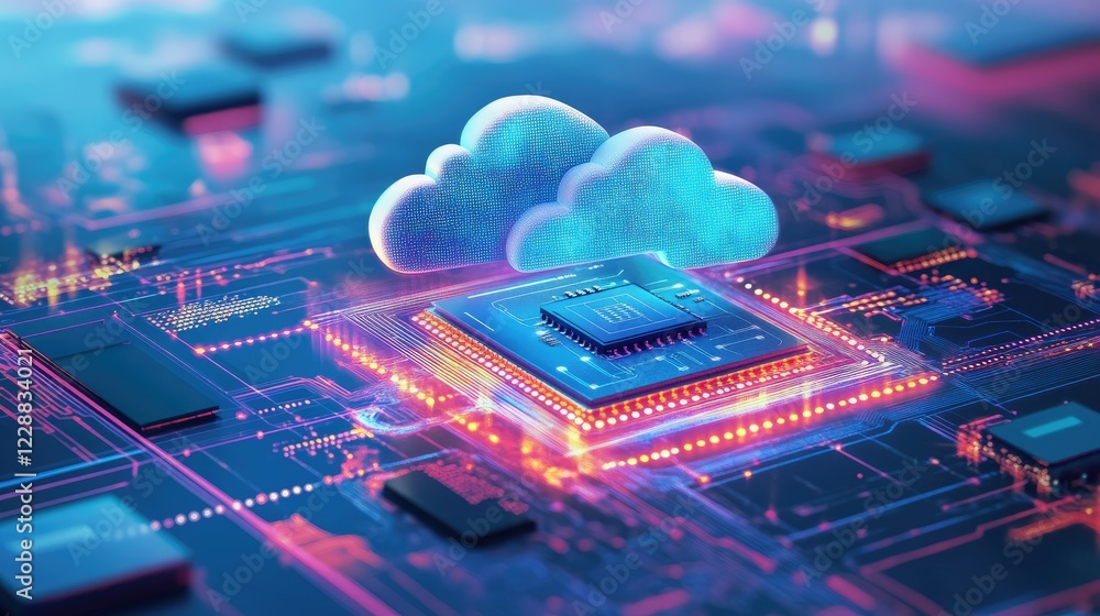 Poster abstract depiction of a microchip integrated with a glowing cloud in a futuristic data landscape