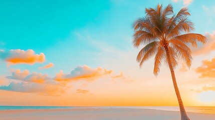 Tropical Sunset Beach Scene With Palm Tree Silhouette