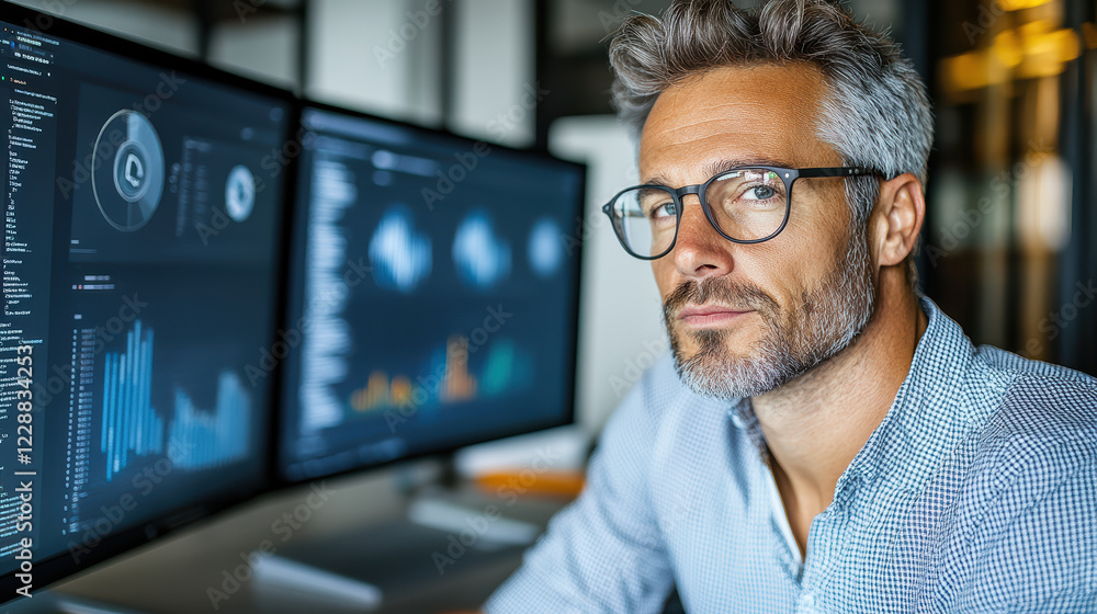 Poster remote worker focused on dual screen setup with data analysis