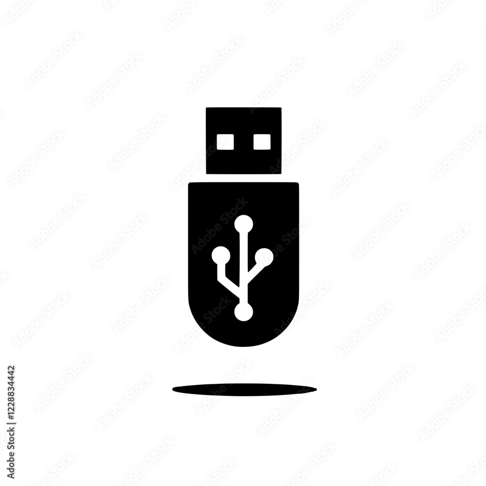 Poster usb drive icon: a minimalist black and white icon of a usb drive, isolated on a white background, ca