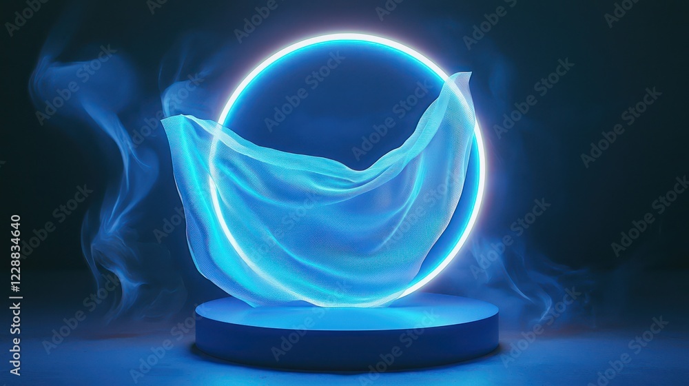 Poster highlighting a floating fabric badge, a dynamic circular neon blue podium features layered glowing e