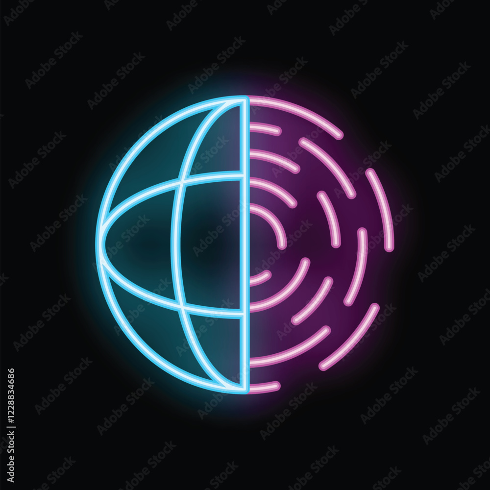 Poster neon sign of fingerprint scanning for access to a global network, illustrating cybersecurity