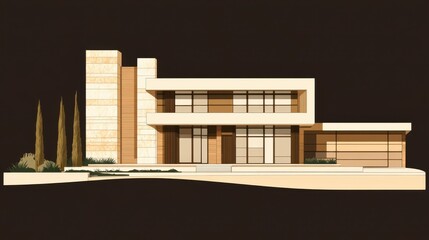 A clean-lined minimalist house in neutral cream-brown tones, isolated against a dark and dramatic backdrop.
