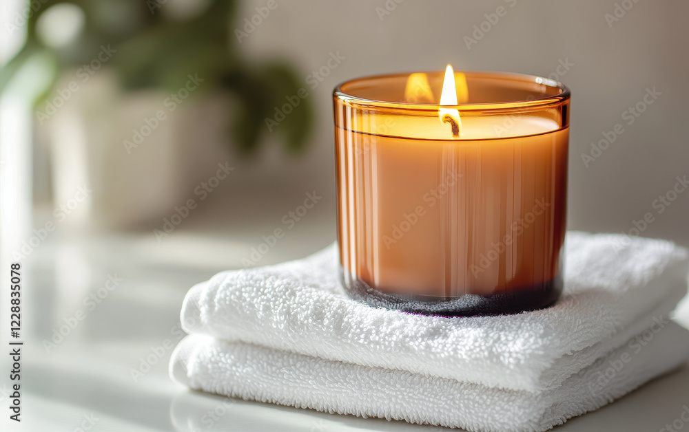 Poster warm amber jar candle sits atop stack of soft white towels, creating serene and inviting atmosphere.