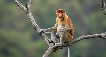 Fototapeta premium Proboscis Monkey Perched on Branch in Natural Habitat