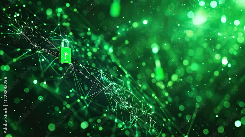 Poster conceptual image of cybersecurity with a digital lock on a bright green data network background