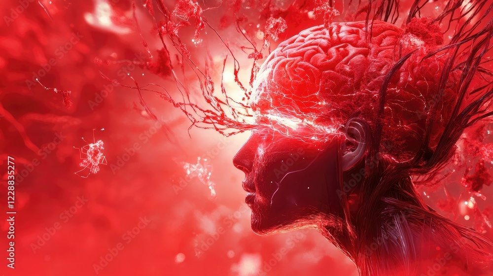 Poster conceptual representation of neural technology interfaced with a human brain on a glowing red backgr