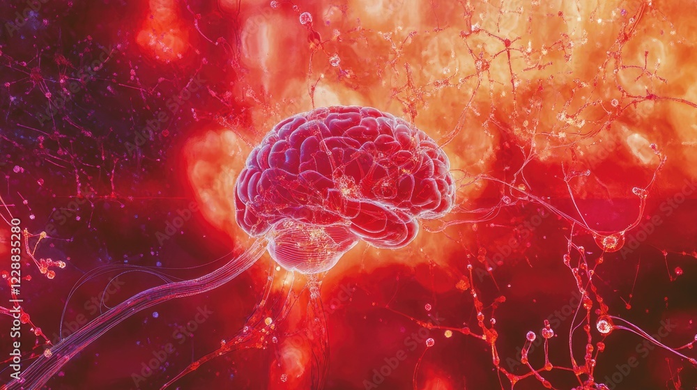 Poster conceptual representation of neural technology interfaced with a human brain on a glowing red backgr
