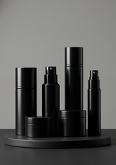 Fototapeta premium Sophisticated Black Cosmetic Bottles and Jars on a Display Stand. Mockup