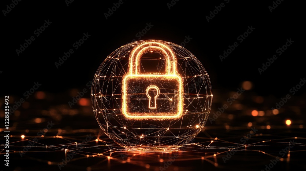 Poster cybersecurity visualization with a glowing padlock encased in a network of connected data points