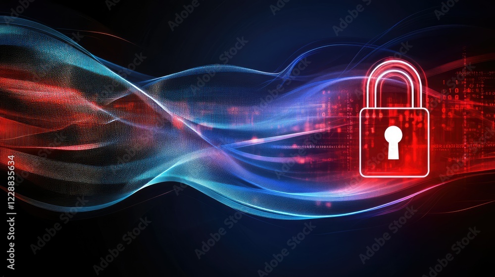 Poster digital lock symbol on a dark background with swirling data streams, representing protection and pri