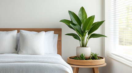serene bedroom corner with air purifying plants and cozy decor