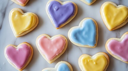 Festive heart-shaped cookies with bright icing, perfect for celebrations, photographed top