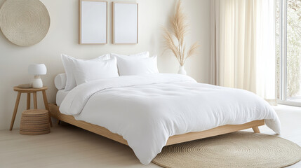 serene bedroom with white bedding, light wood bed, and natural decor