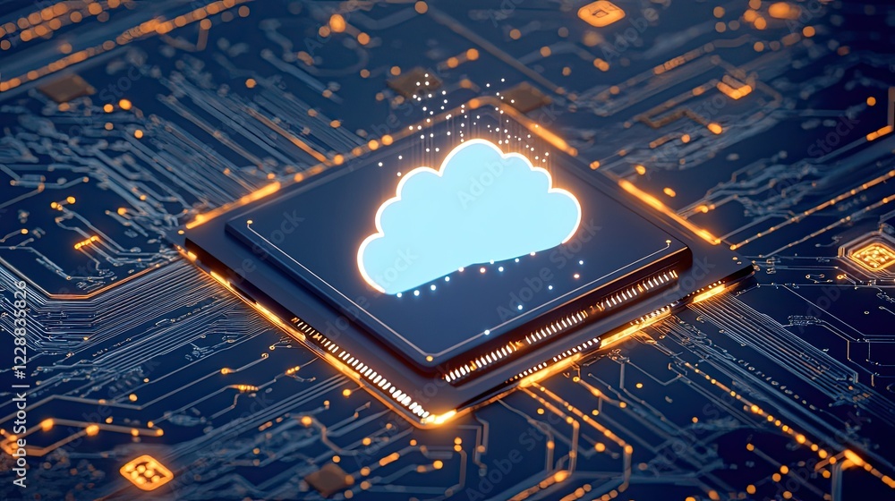 Poster futuristic cloud computing concept with a digital microchip emitting light beams, surrounded by data