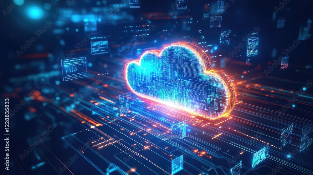 Poster futuristic cloud computing concept with a digital microchip emitting light beams, surrounded by data