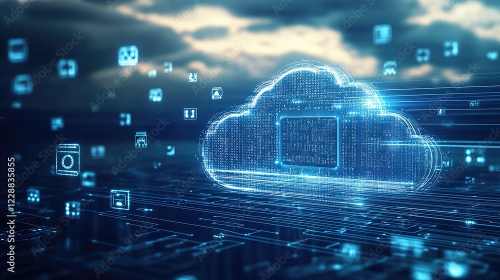 Aufkleber futuristic cloud computing concept with a digital microchip emitting light beams, surrounded by data