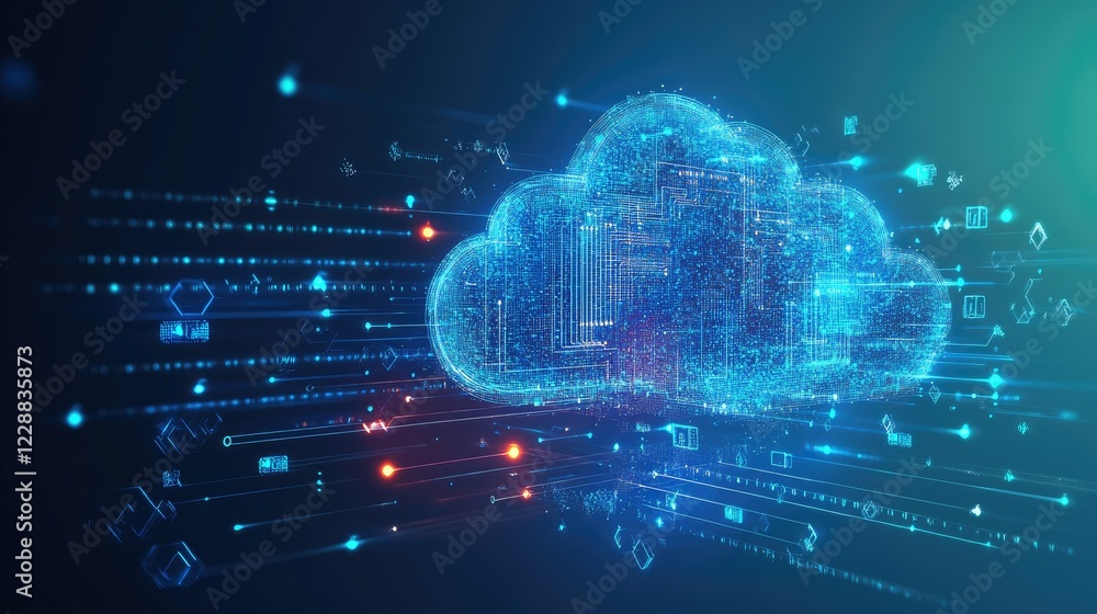 Poster futuristic cloud computing concept with a digital microchip emitting light beams, surrounded by data
