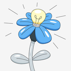 Flower of Innovation: A whimsical illustration of a blue flower blooming with a glowing light bulb in its center. The illustration is perfect for representing fresh ideas, creative thinking.