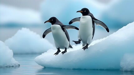 Naklejka premium Two Adorable Emperor Penguins Leap from Iceberg in Stunning Antarctic Landscape Photography - Wildlife Nature Image