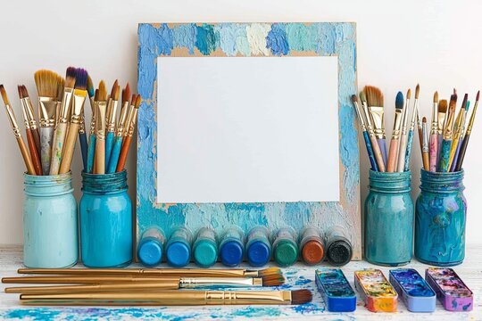 Artist Supplies Arranged Neatly Before a Blank Canvas