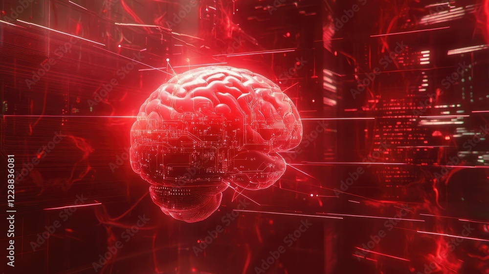 Poster futuristic neural technology with a glowing human brain and data lines on a red technological backgr