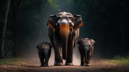 Fototapeta premium A majestic elephant leads a family along a dusty trail, enveloped in dappled sunlight, depicting strength, unity, and the serene beauty of wildlife.