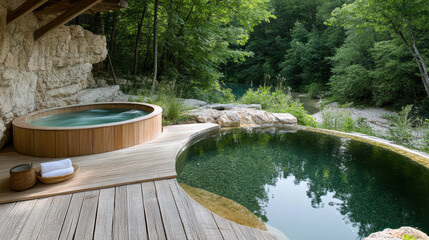 serene scene featuring wooden hot tub beside tranquil river