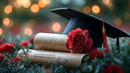 Graduation cap and rose on a scroll amidst a blurred garden background