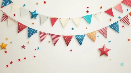 Celebration Bunting: A festive bunting banner with colorful triangular flags adorned with stars hangs against a backdrop of scattered confetti.