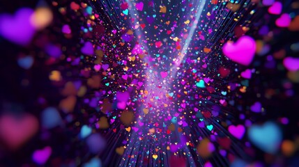 Animated neon heart confetti slowly drifting down the screen, creating a magical, glowing atmosphere for the Valentines website