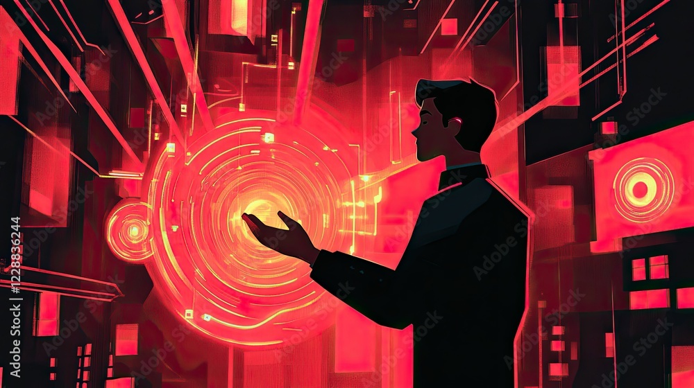Poster futuristic scene of a man explaining ai, surrounded by digital elements symbolizing human-computer i