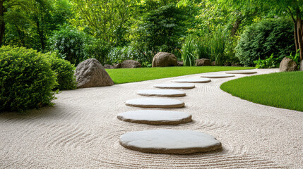 serene Zen garden with raked sand, stepping stones, and lush greenery