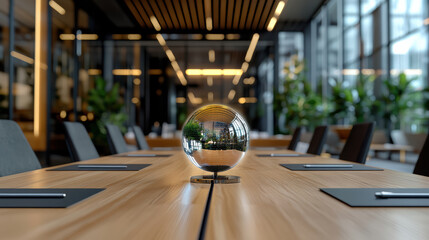 sleek holographic globe reflecting modern office environment