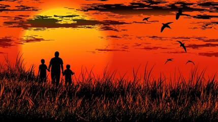 Fototapeta premium Family sunset silhouette, grassland, birds flying, peaceful evening