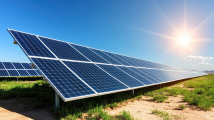 solar farm with panels reflecting sunlight in desert landscape