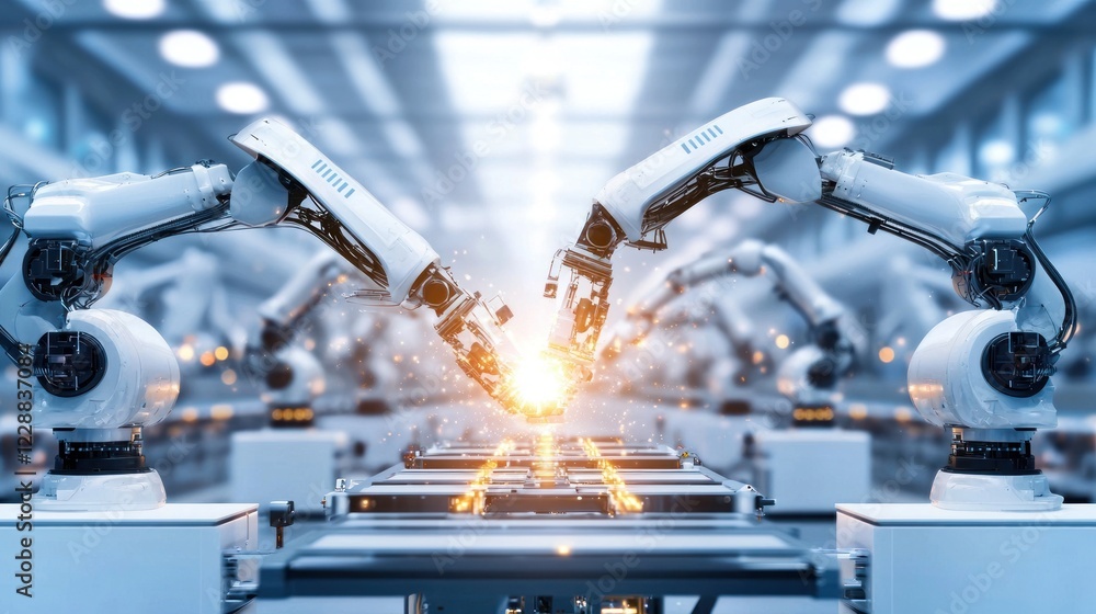 Poster advanced robotic assembly line in modern factory