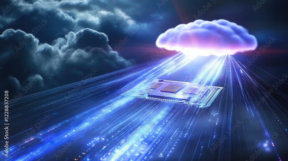 Poster microchip emitting light beams with a cloud hovering above, symbolizing data processing and storage