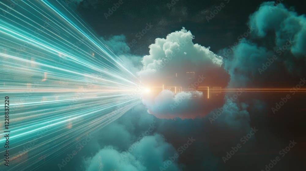 Poster microchip emitting light beams with a cloud hovering above, symbolizing data processing and storage