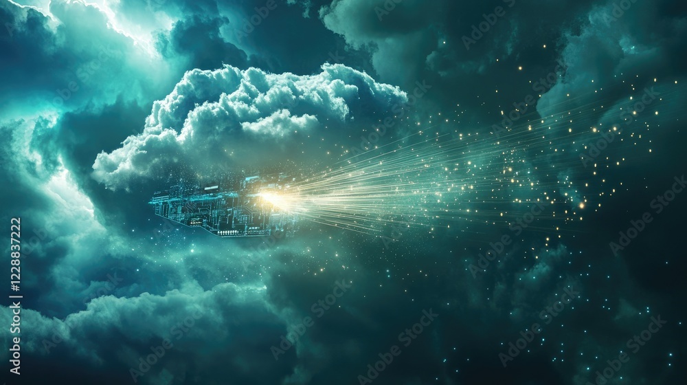 Poster microchip emitting light beams with a cloud hovering above, symbolizing data processing and storage