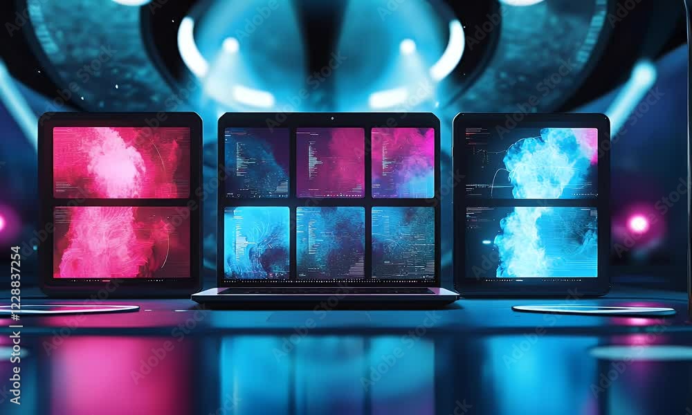 Aufkleber Laptops displaying data visualizations in futuristic lab