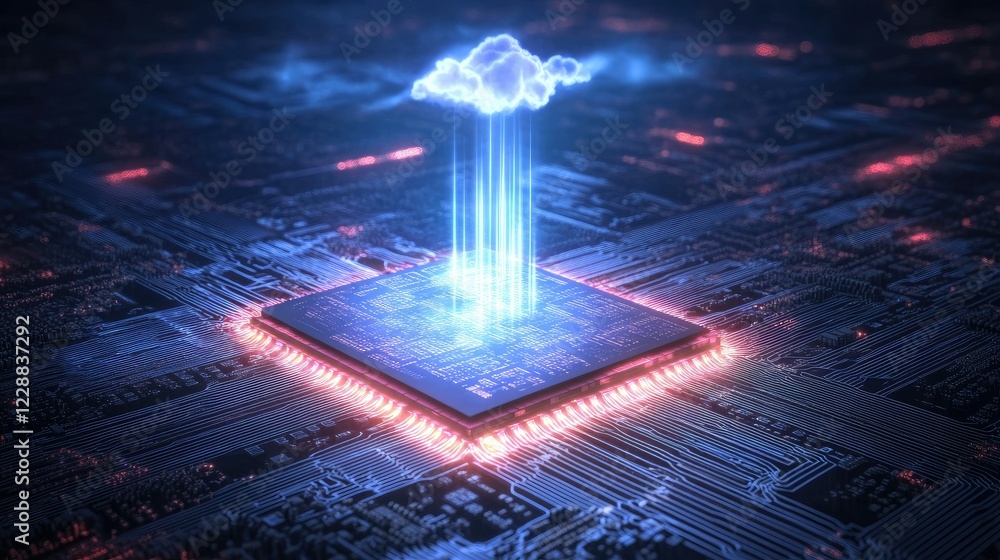 Poster microchip emitting light beams with a cloud hovering above, symbolizing data processing and storage