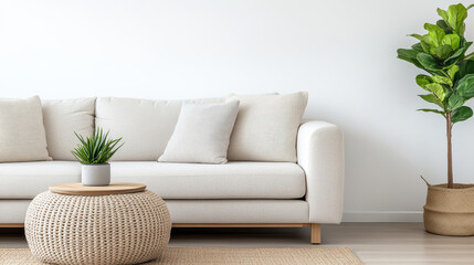 Stylish living space with cozy sofa, plant, and decorative table