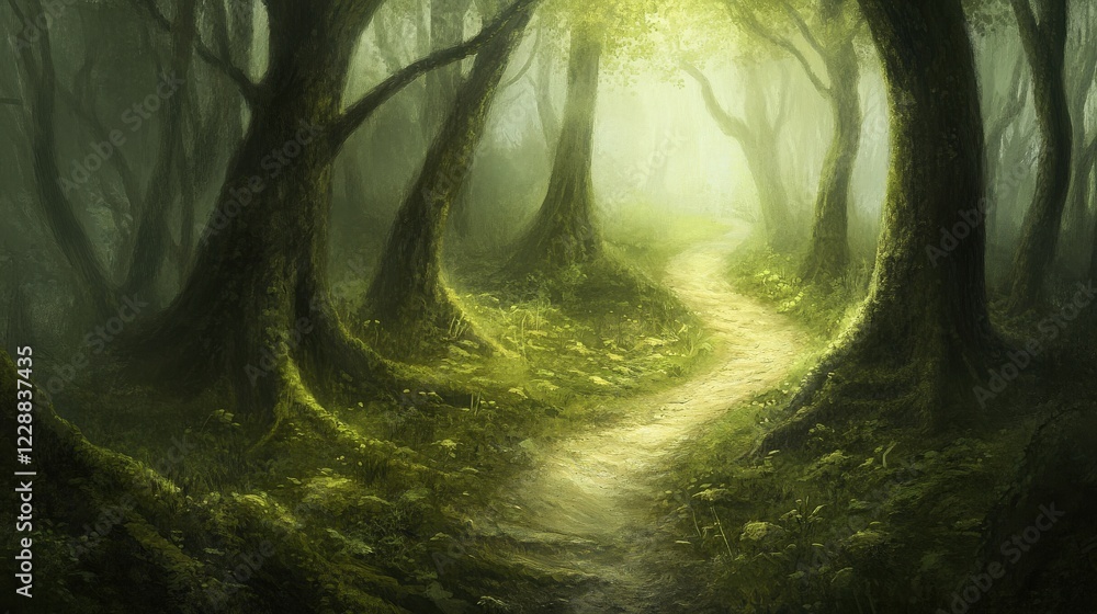 Poster serene forest pathway leading through lush greenery and soft sunlight filtering through trees